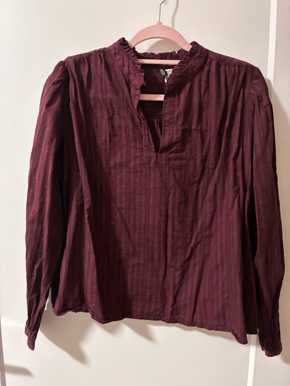 H&M Burgundy Ruffle Neck Long Sleeve Top